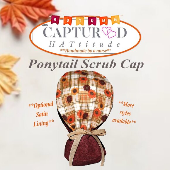 Womens Autumn Plaid Ponytail Scrub Cap, Handmade NWOT - Picture 1 of 7
